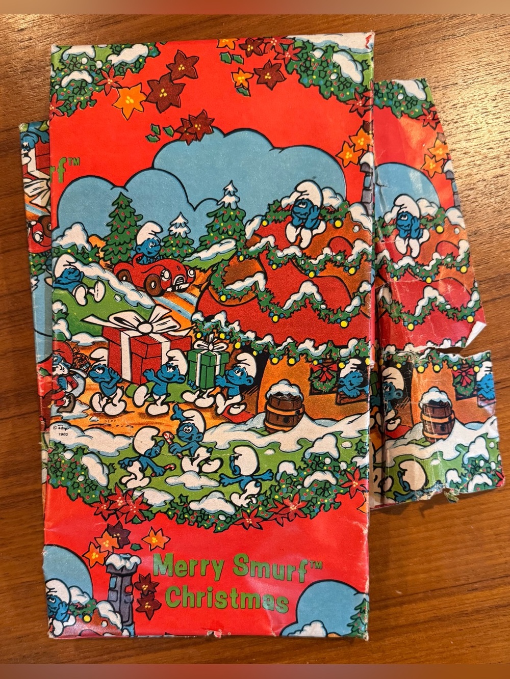 Vintage 1982 Merry Smurf Christmas Wrapping Paper—Partial Sheet